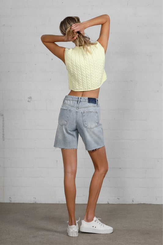 Button Down Raw Hem Denim Shorts Denim Lab USA
