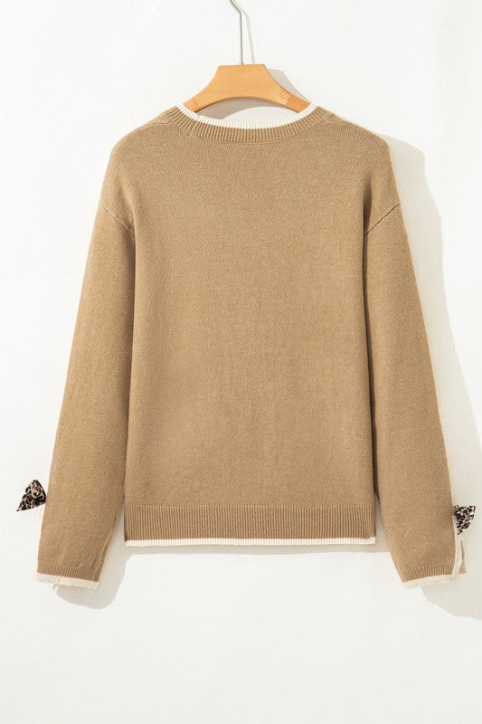 Leopard Bow Split Cuff Contrast Trim Sweater JUNIPER BLVD