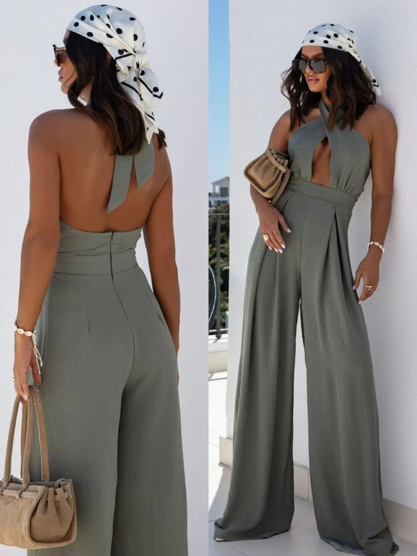 Wide Leg Cutout Halter Neck Jumpsuit Trendsi
