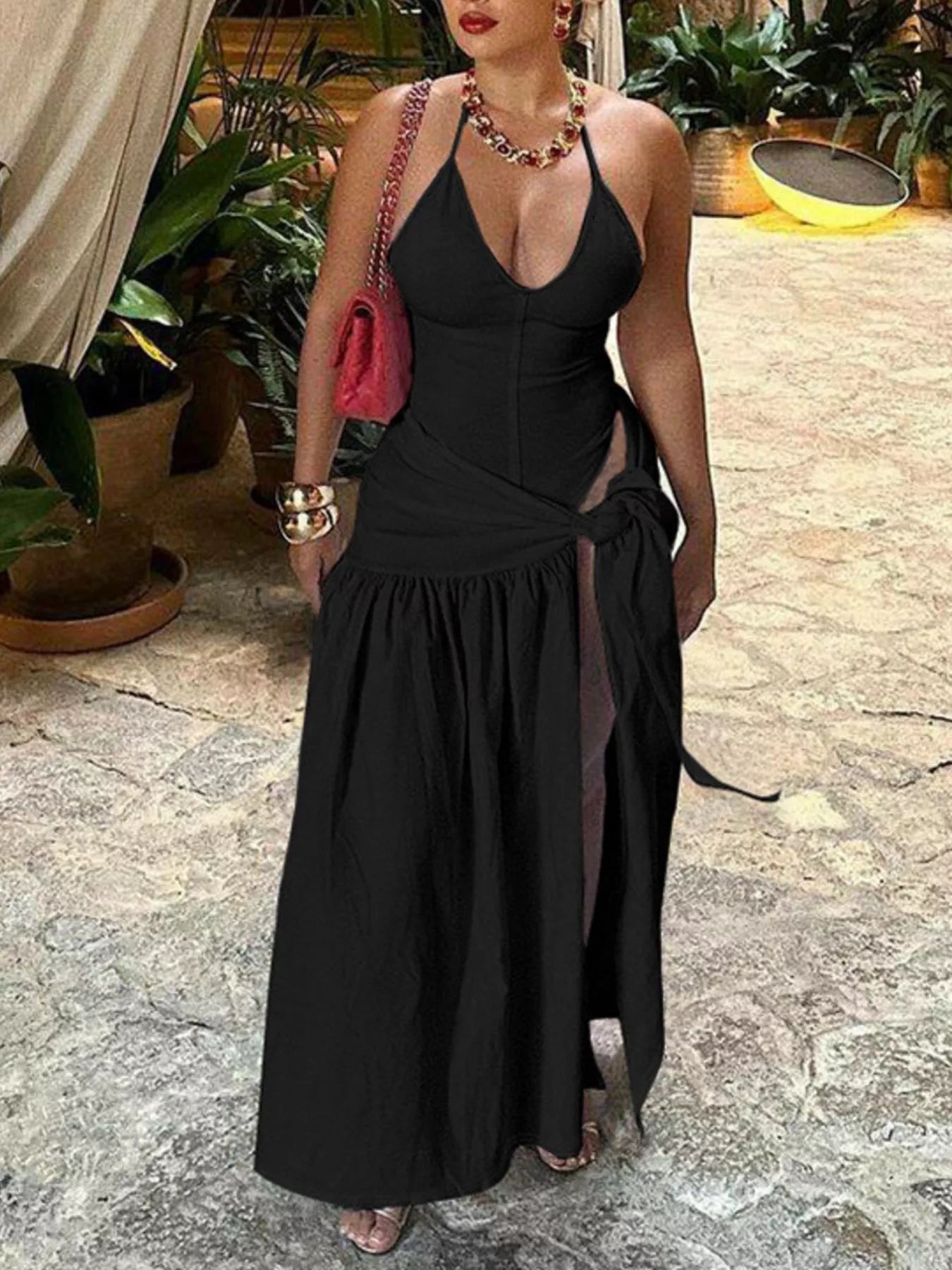 Halter Neck Ruched Bodysuit and Maxi Skirt Set Trendsi