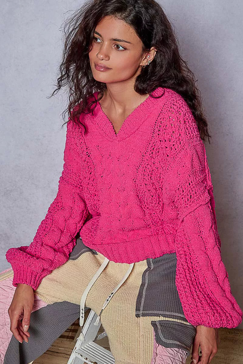 POL Cable-Knit Solid V-Neck Cropped Sweater Trendsi