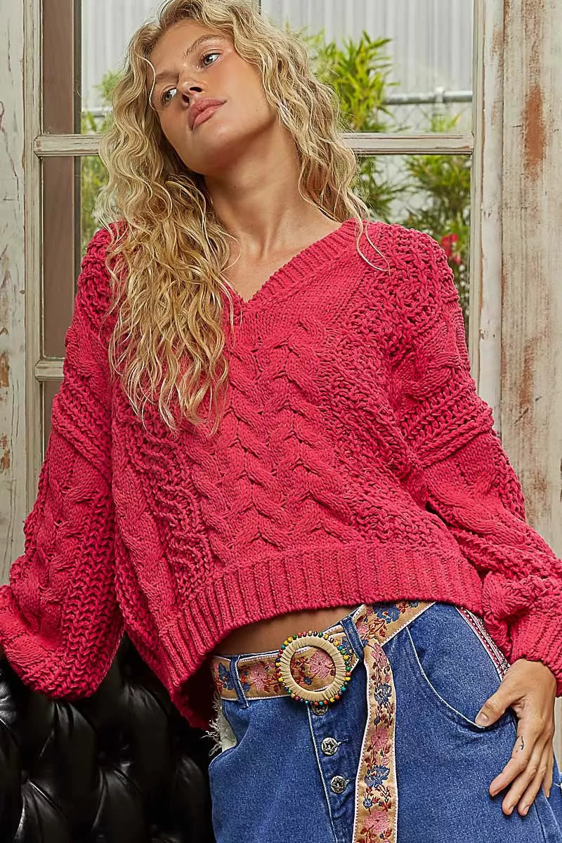 POL Cable-Knit Solid V-Neck Cropped Sweater Trendsi