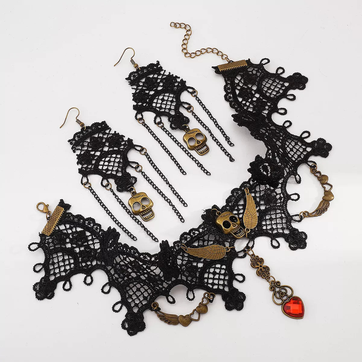 Halloween Lace Skull Necklace and Earrings Jewelry Set Trendsi