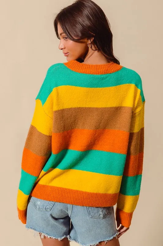 SO ME Multi Color Stripe Sweater with Ribbed Detai