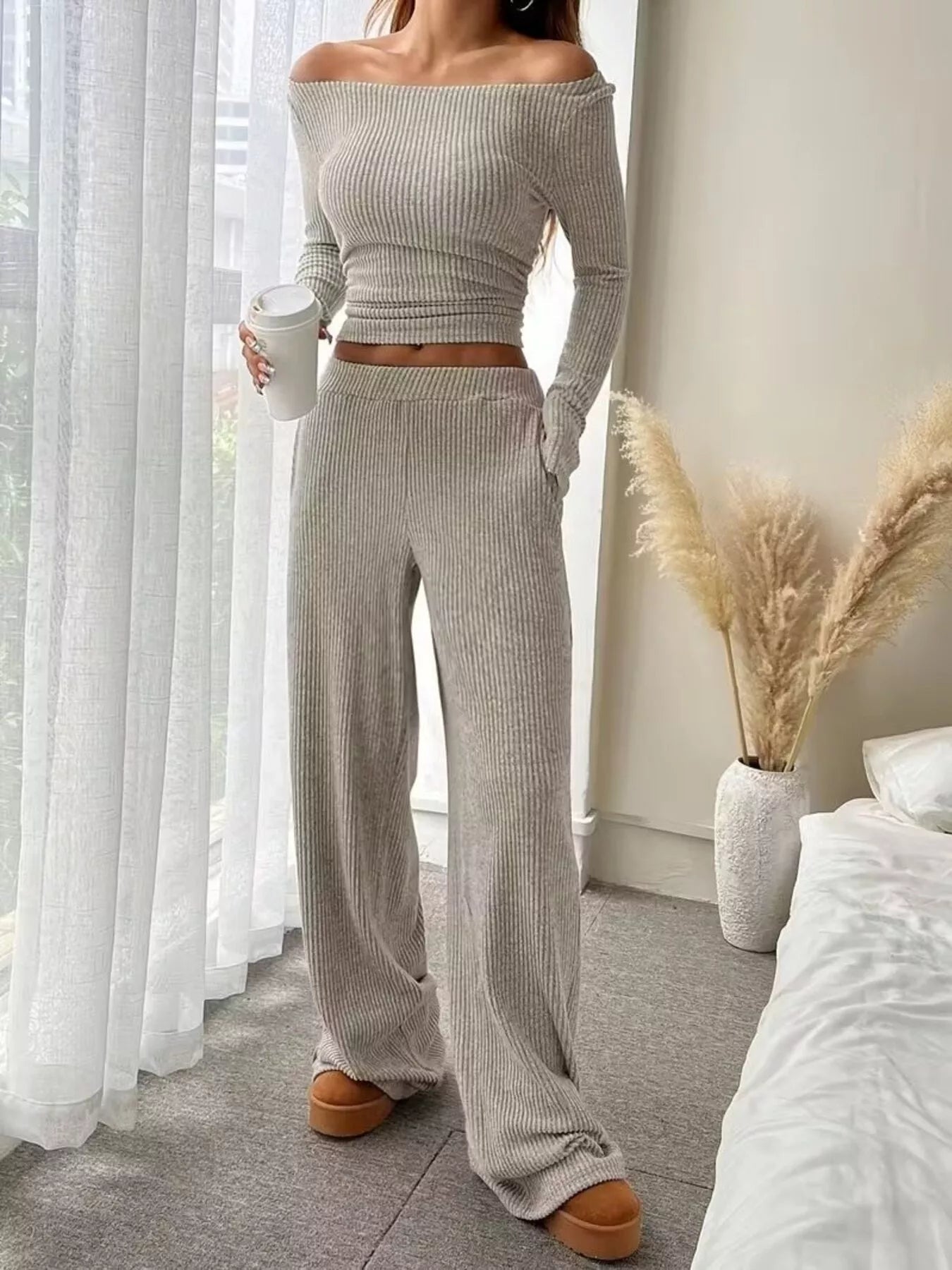 Ribbed Knit Boat Neck Top and Pants Set
