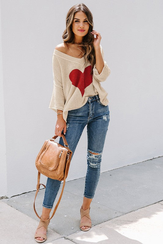 Cotton Khaki Beige cream Casual Heart Knit Sweater EG fashion