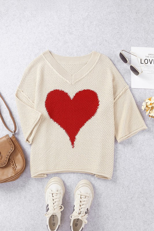 Cotton Khaki Beige cream Casual Heart Knit Sweater EG fashion