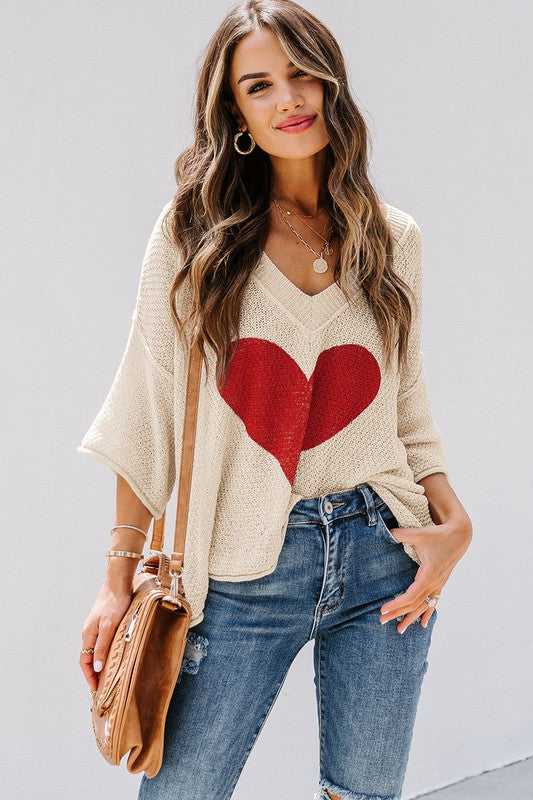 Cotton Khaki Beige cream Casual Heart Knit Sweater EG fashion