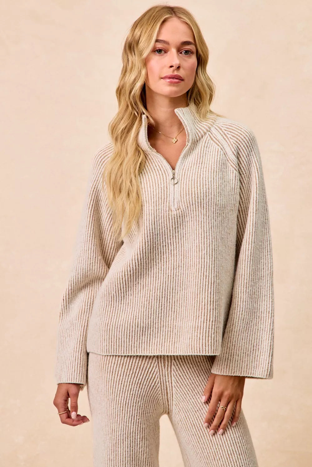 BiBi Two Tone Rib Texured Knit Collared Top with Zip Up Trendsi