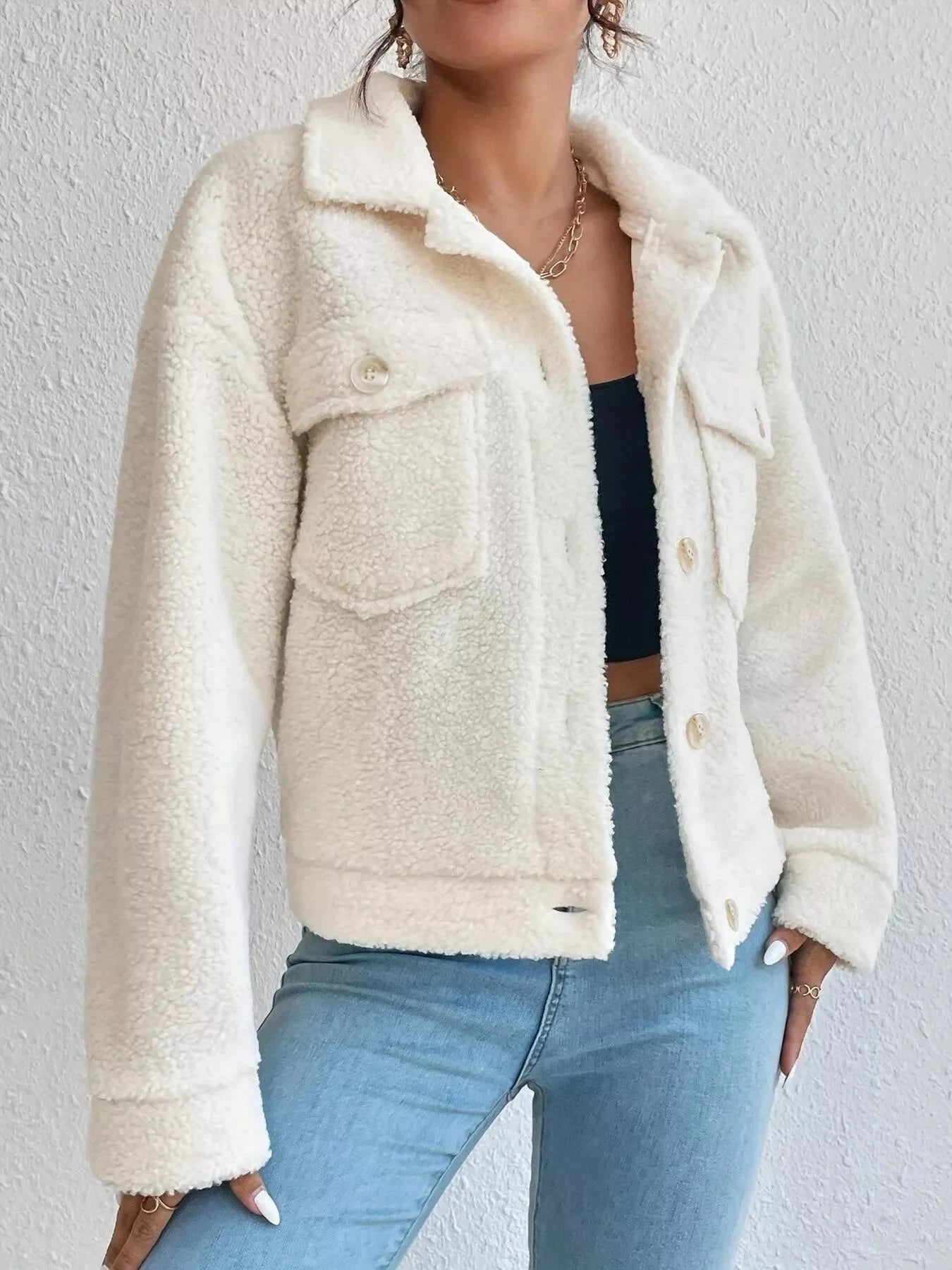Full Size Cozy Faux Shearling Button-Up Jacket Plus Size Trendsi