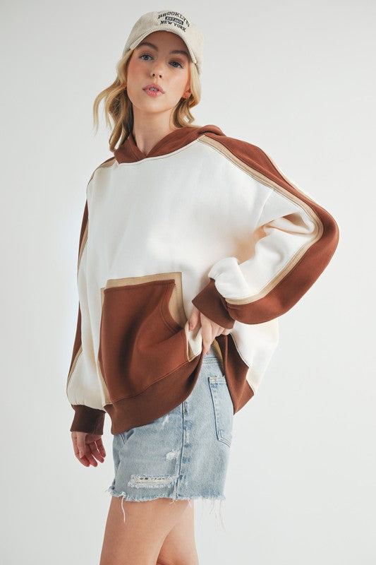 Aemi + Co Color Block Kangaroo Pocketed Hoodie Trendsi