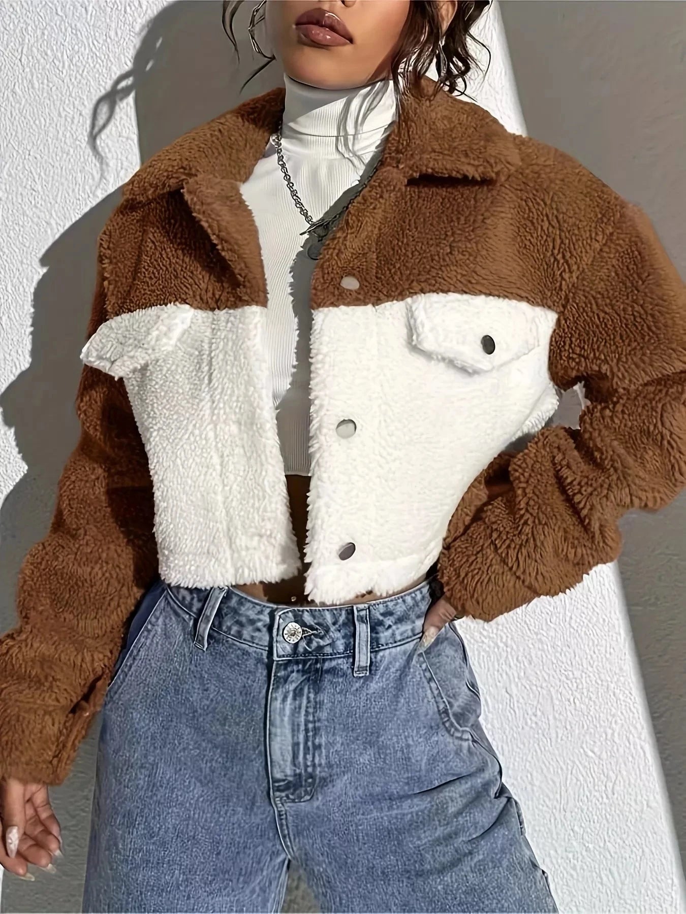Two-Tone Plush Cropped Jacket