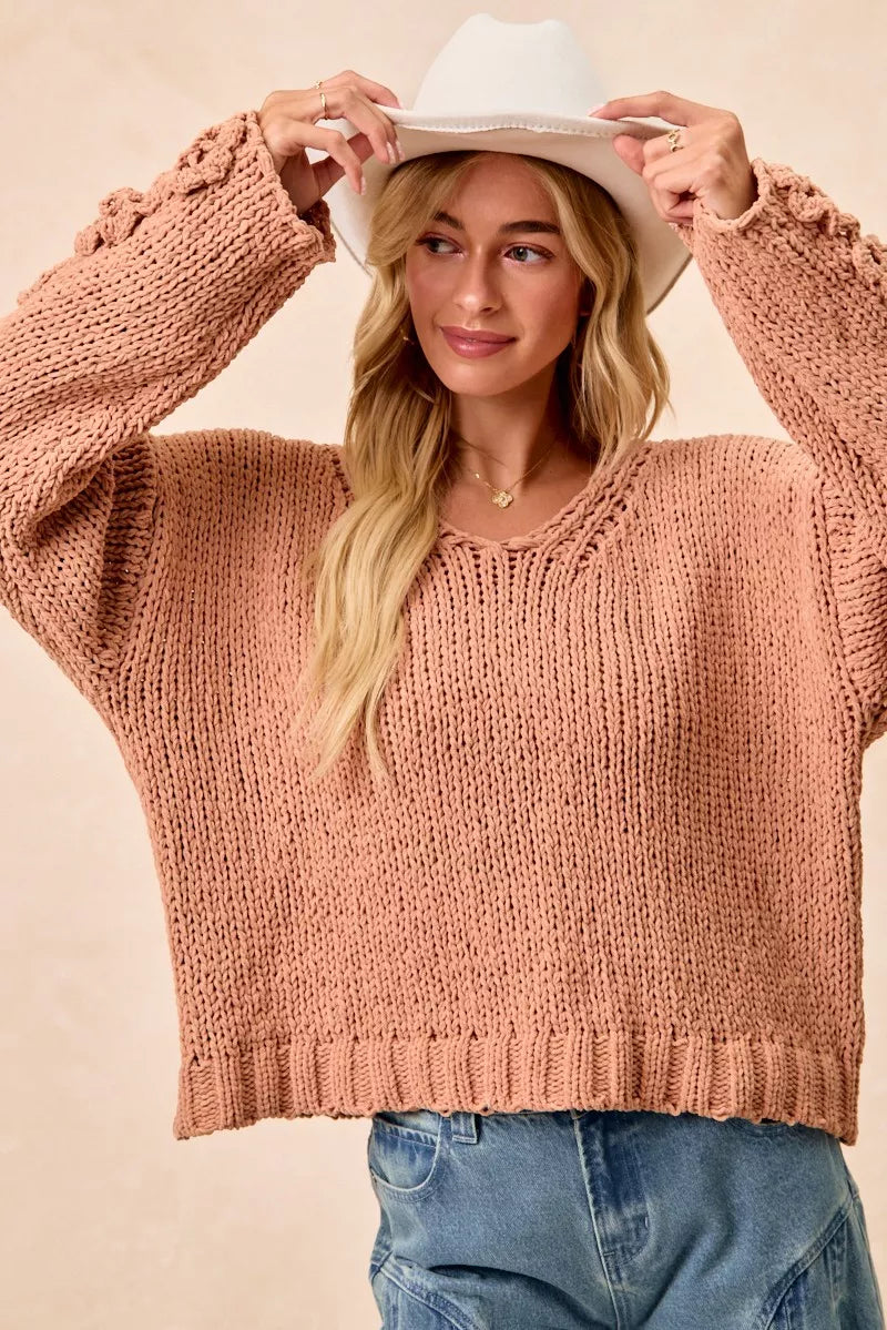 BiBi Chunky Knit Sweater with Flower Detail Sleeves Trendsi