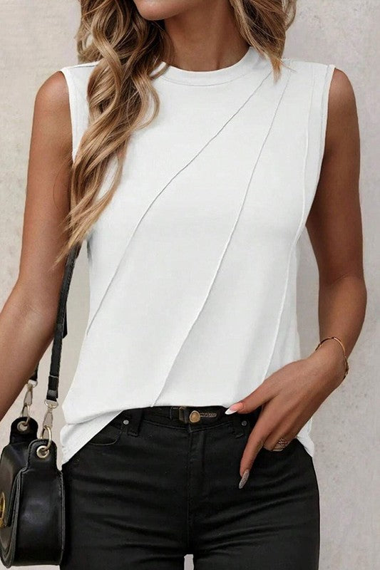 Women White Crew Neck Pleated Tank Top YNIQUE