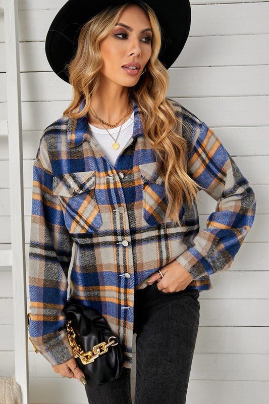 Women Geometric Plaid Print Pocketed Shacket YNIQUE