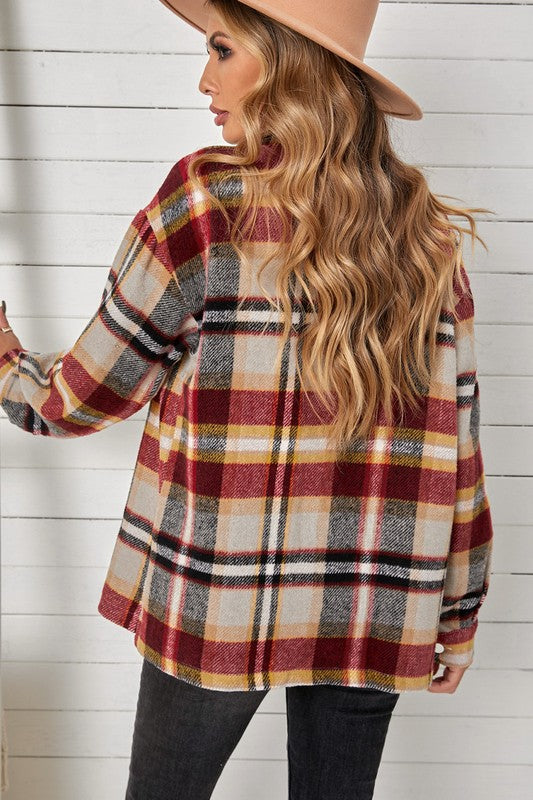 Women Geometric Plaid Print Pocketed Shacket YNIQUE