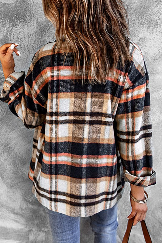 Women Geometric Plaid Print Pocketed Shacket YNIQUE