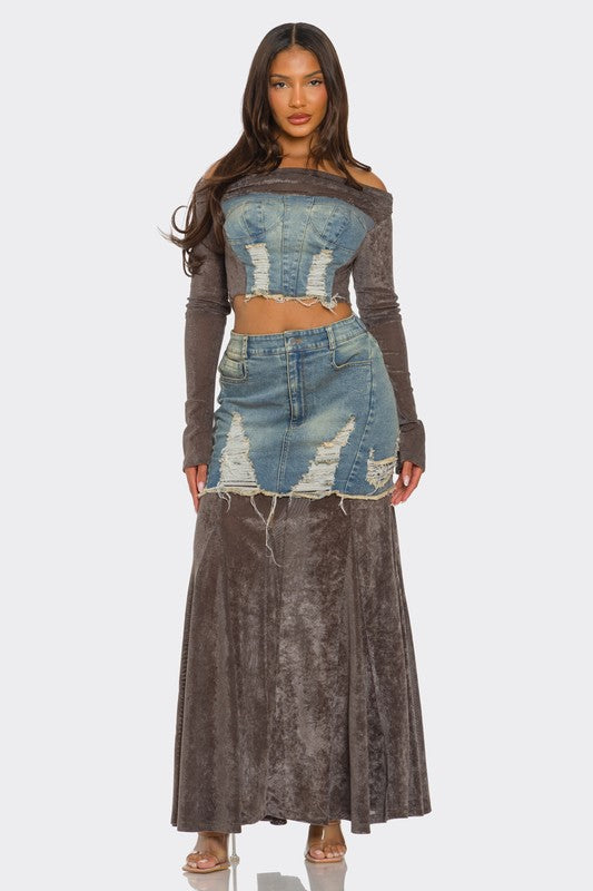 Velvet-Denim Fusion Set Athina