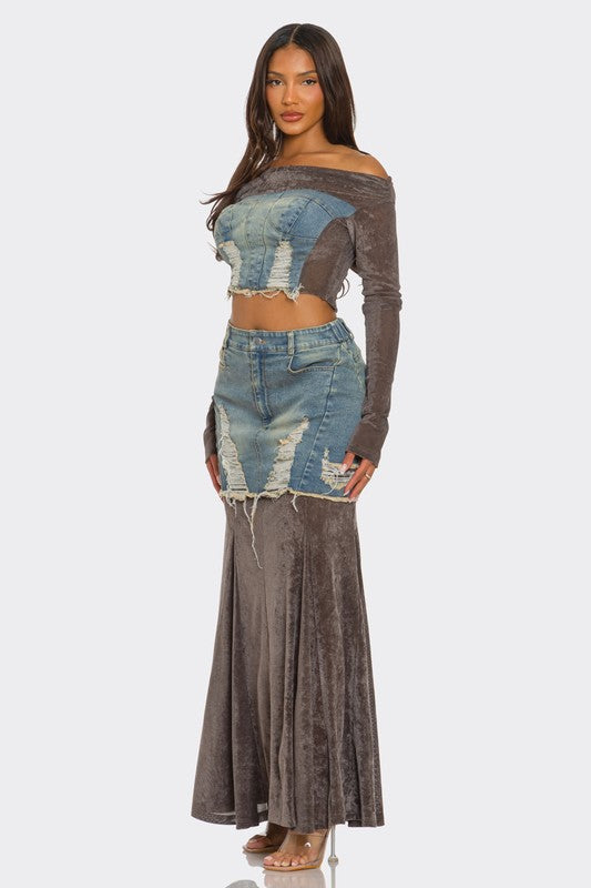 Velvet-Denim Fusion Set Athina