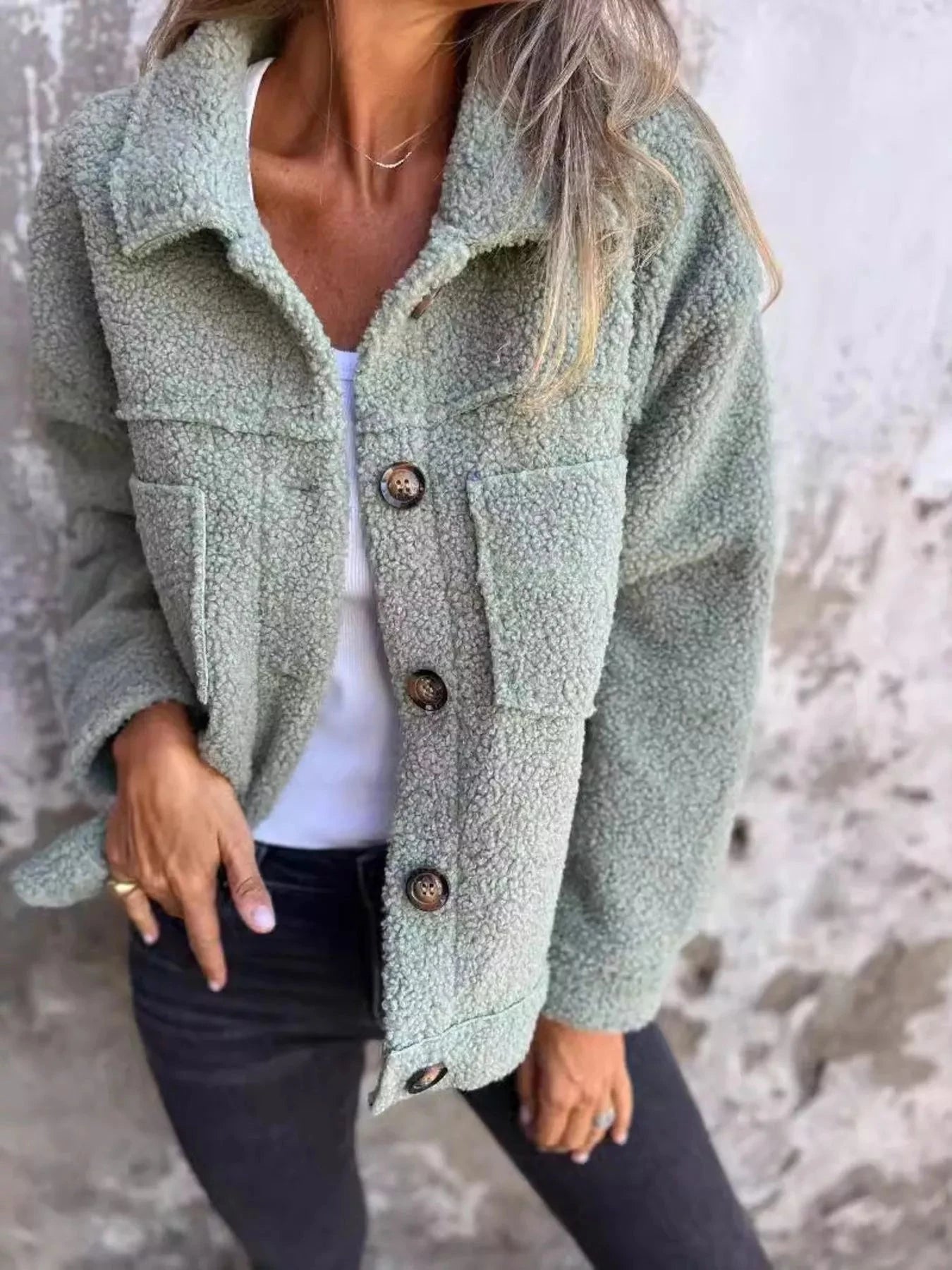 Full Size Single-Breasted Sherpa Shacket Plus Size Trendsi