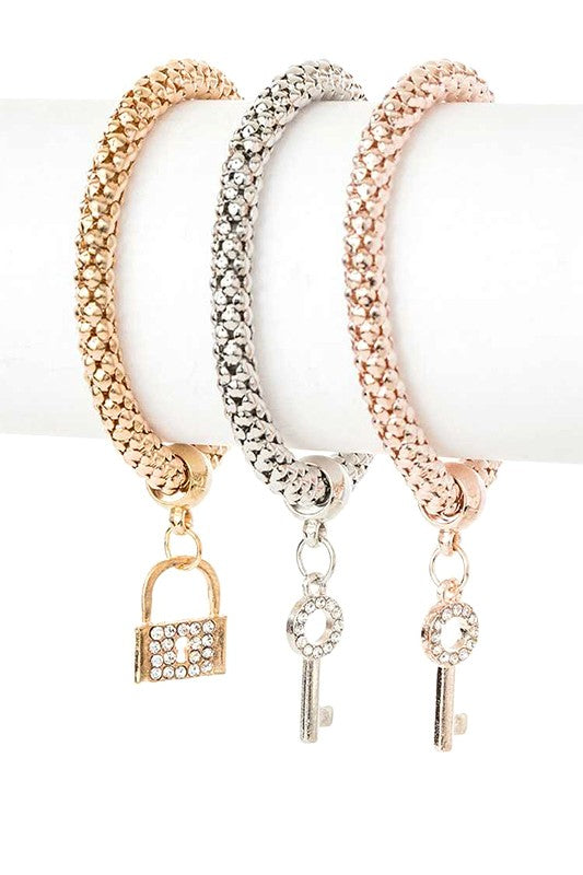 Lock Key Popcorn Tritone Bracelet Set LA Jewelry Plaza