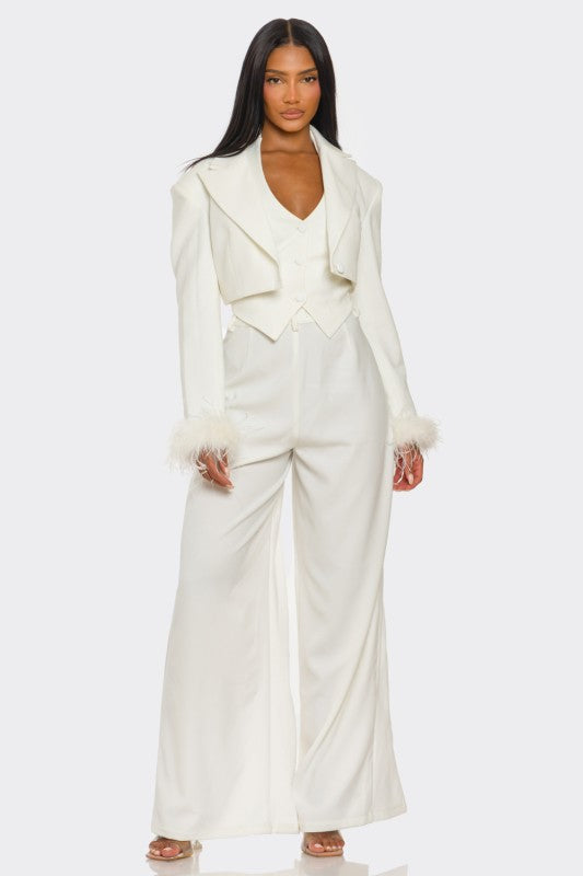 Power & Plume Feather-Trim 3-Piece Suit Athina