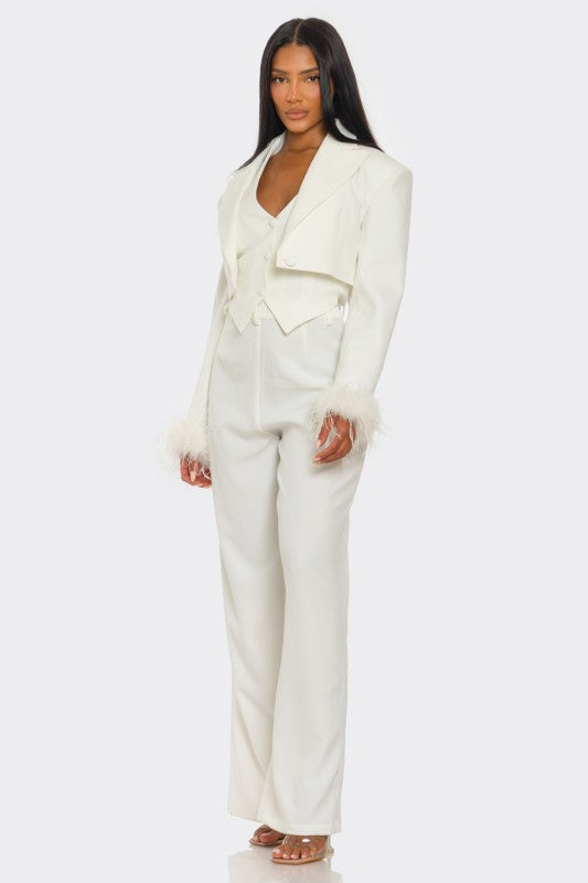 Power & Plume Feather-Trim 3-Piece Suit Athina