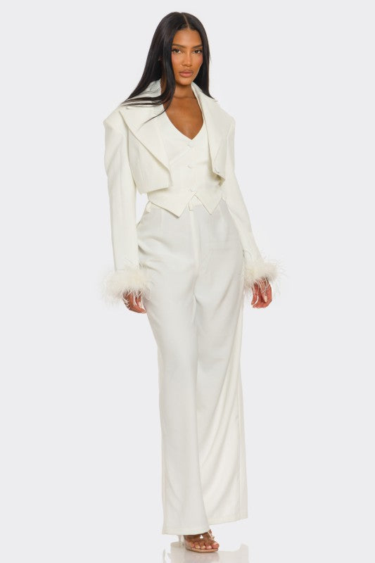 Power & Plume Feather-Trim 3-Piece Suit Athina