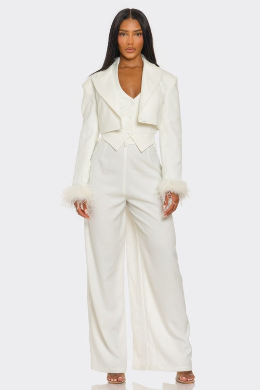 Power & Plume Feather-Trim 3-Piece Suit Athina