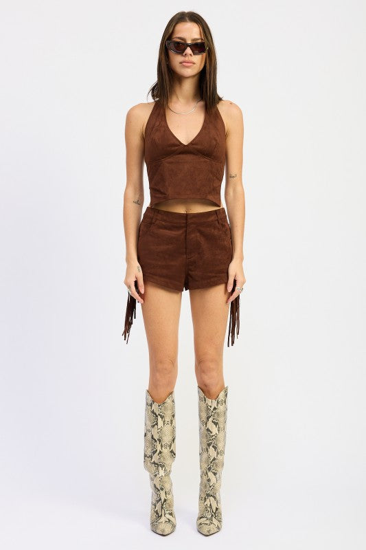 SUEDE FRINDGE SIDE SHORTS