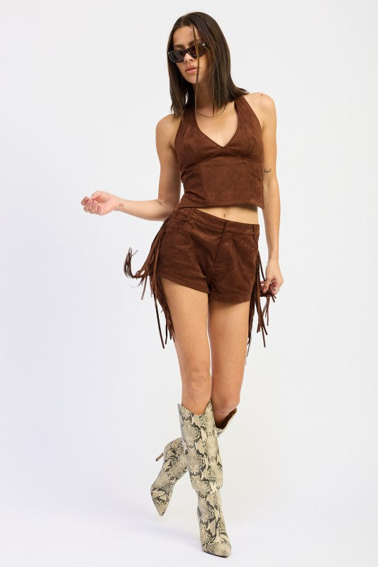 SUEDE FRINDGE SIDE SHORTS