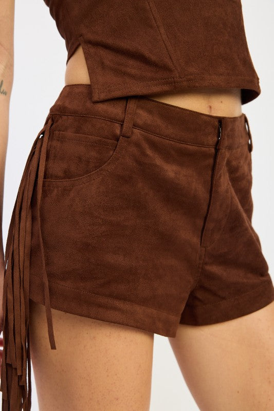 SUEDE FRINDGE SIDE SHORTS