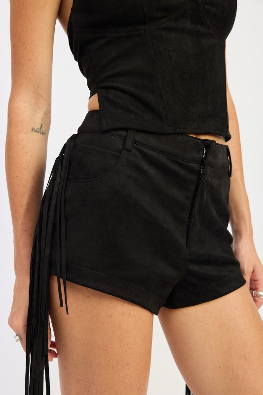 SUEDE FRINDGE SIDE SHORTS