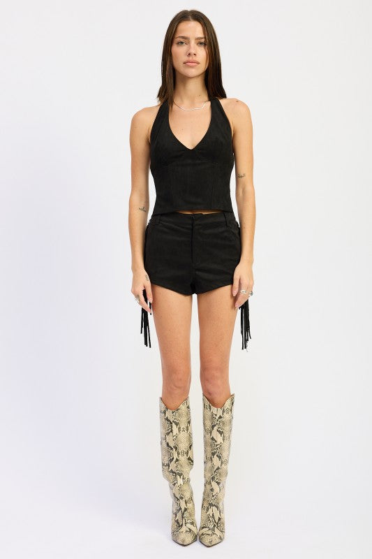SUEDE FRINDGE SIDE SHORTS