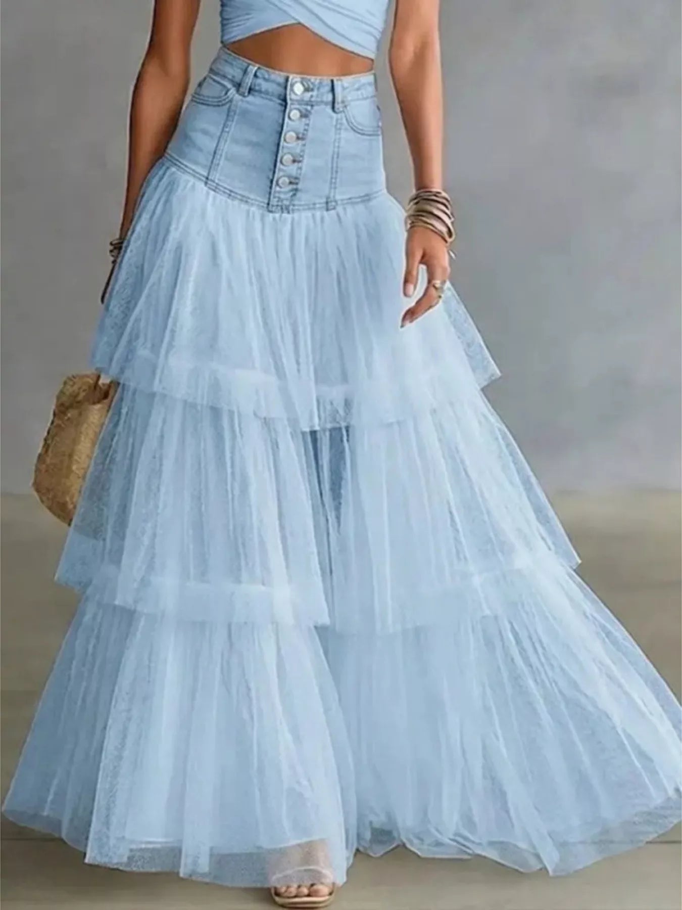 High-Waisted Button-Front Denim and Tulle Maxi Skirt Trendsi