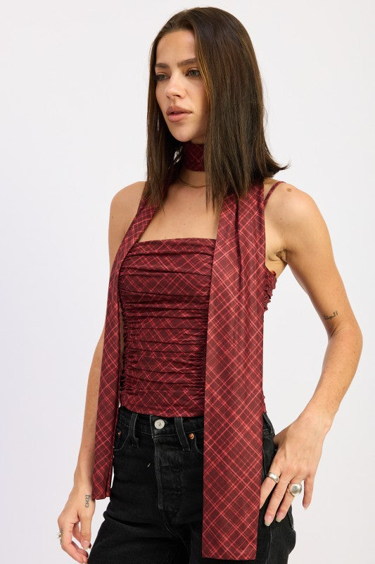 SPAGHETTI STRAP TOP WITH SCARF AND BACK ZIPPER