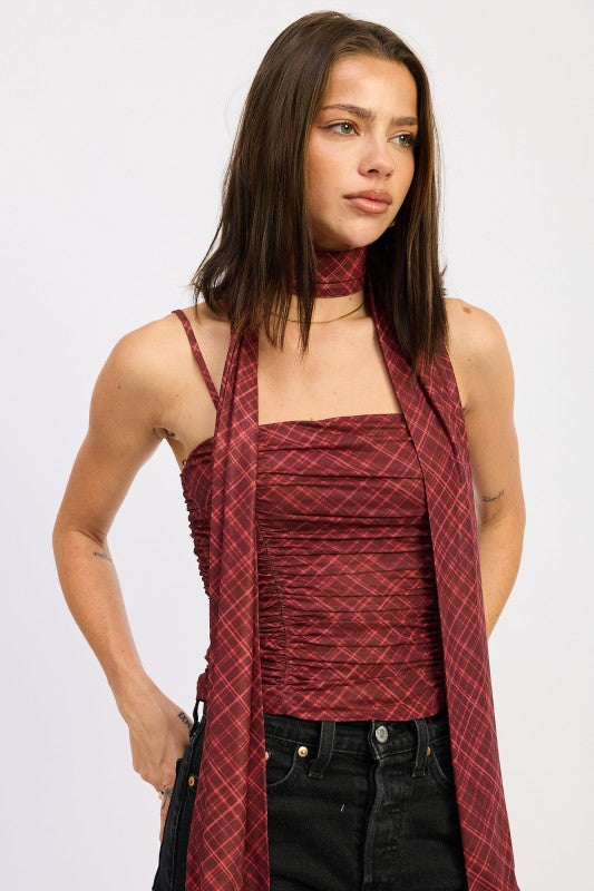 SPAGHETTI STRAP TOP WITH SCARF AND BACK ZIPPER