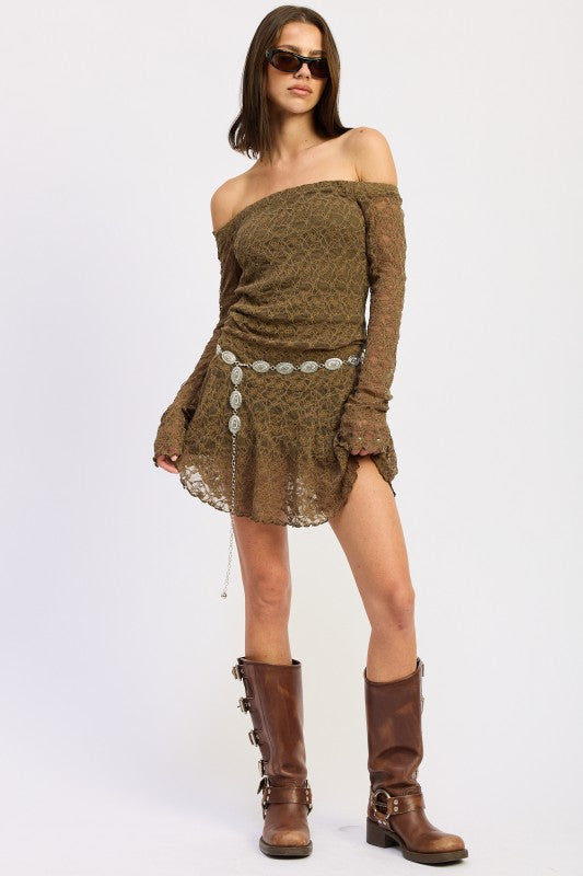 OFF SHOULDER LACE MINI DRESS