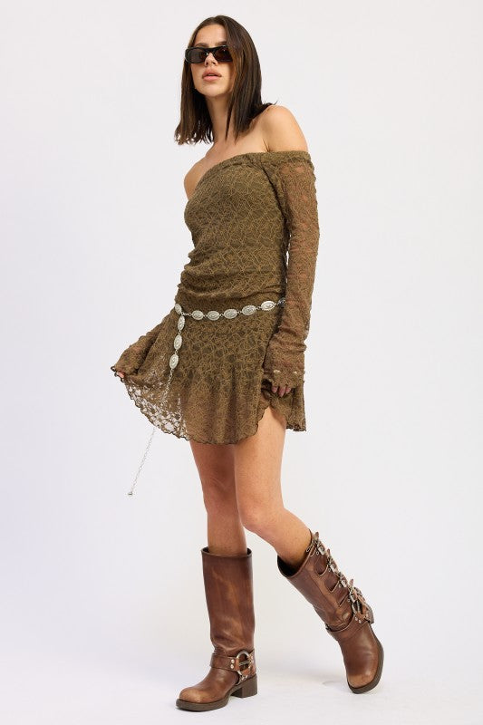 OFF SHOULDER LACE MINI DRESS