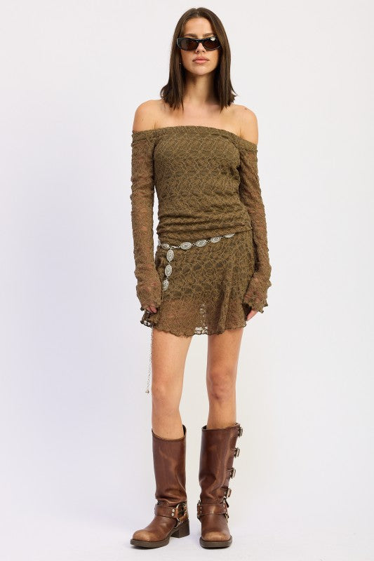 OFF SHOULDER LACE MINI DRESS