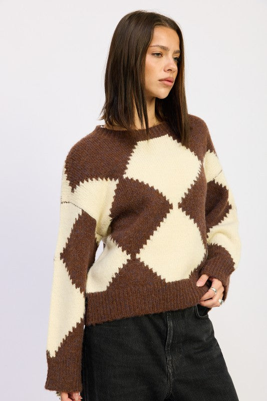 TWO TONE ARGYLE OVERSIZED SWEATER