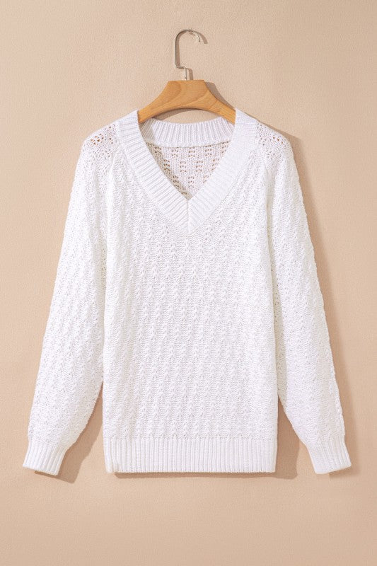 Textured Knit Ribbed Edge V-Neck Sweater JUNIPER BLVD