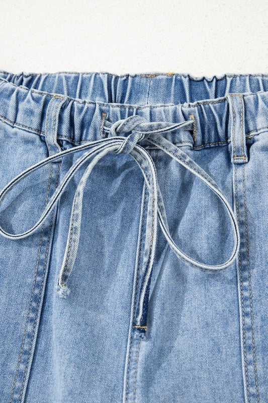 Denim Raw Hem Drawstring Wide Leg Pants JUNIPER BLVD
