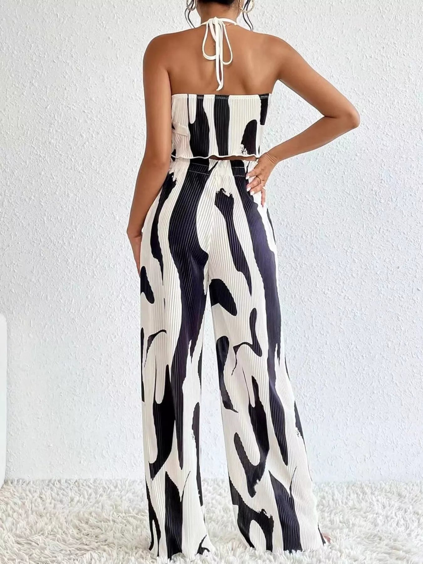 Abstract Print Halter Neck Crop Top and Wide Leg Pants Set Trendsi