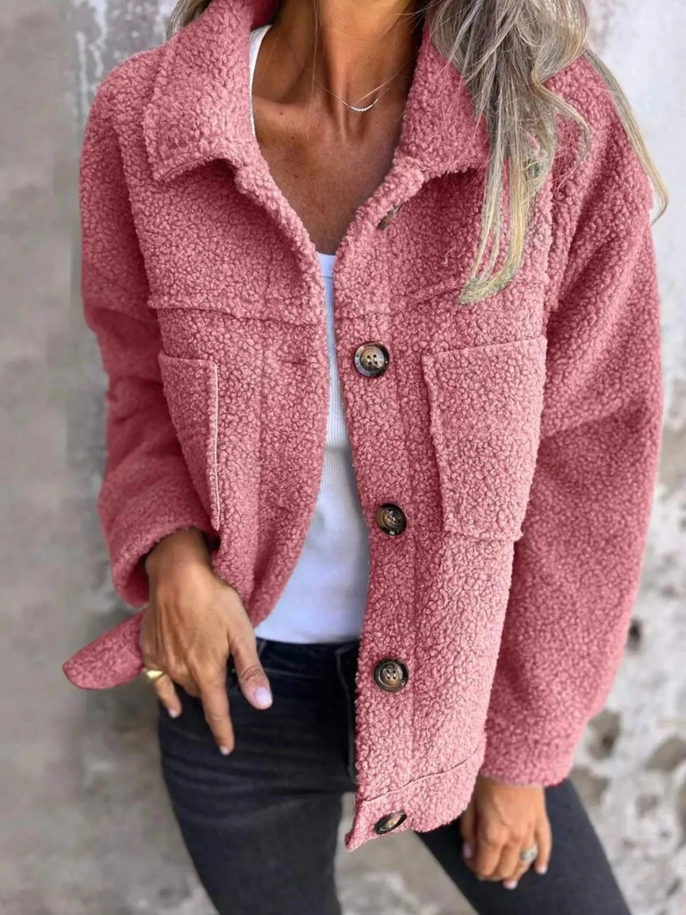 Full Size Single-Breasted Sherpa Shacket Plus Size Trendsi