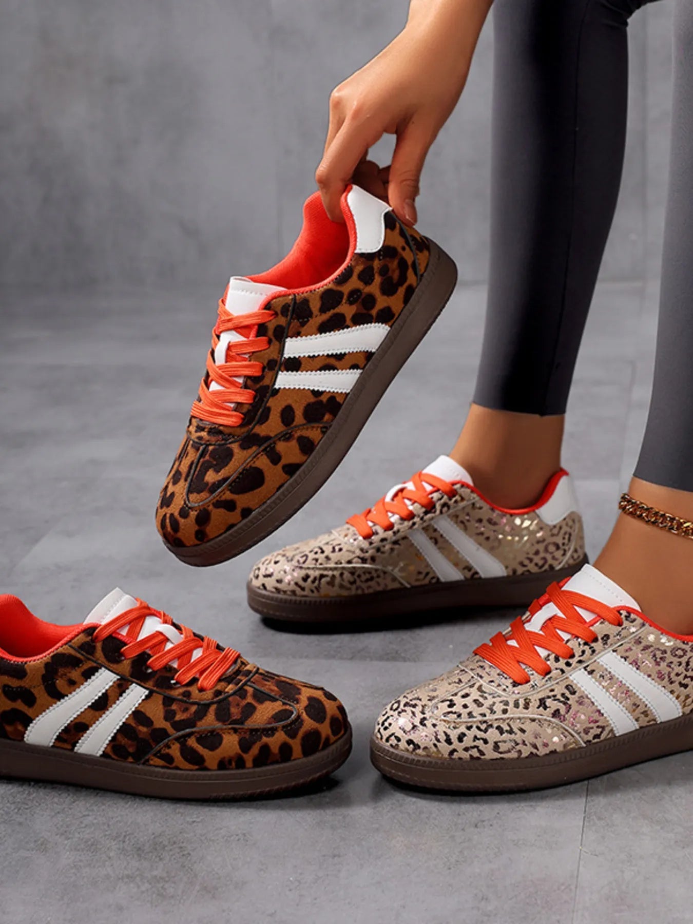 Leopard Print Stripe Detail Lace-up Sneakers Trendsi