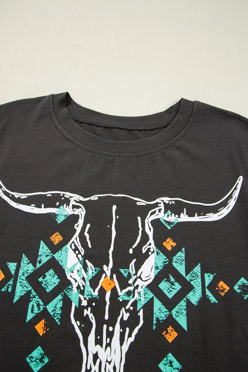 Bull Head Skull Round Neck Short Sleeve T Shirt Trendsi