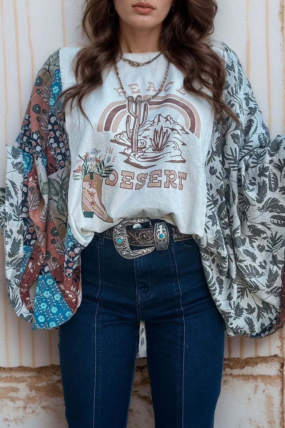 Peace Desert Graphic Asymmetric Printed Patchwork Sleeve Top