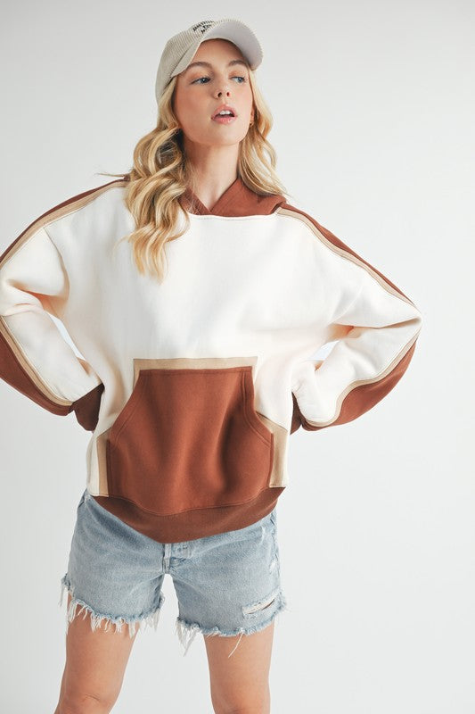 Aemi + Co Color Block Kangaroo Pocketed Hoodie Trendsi