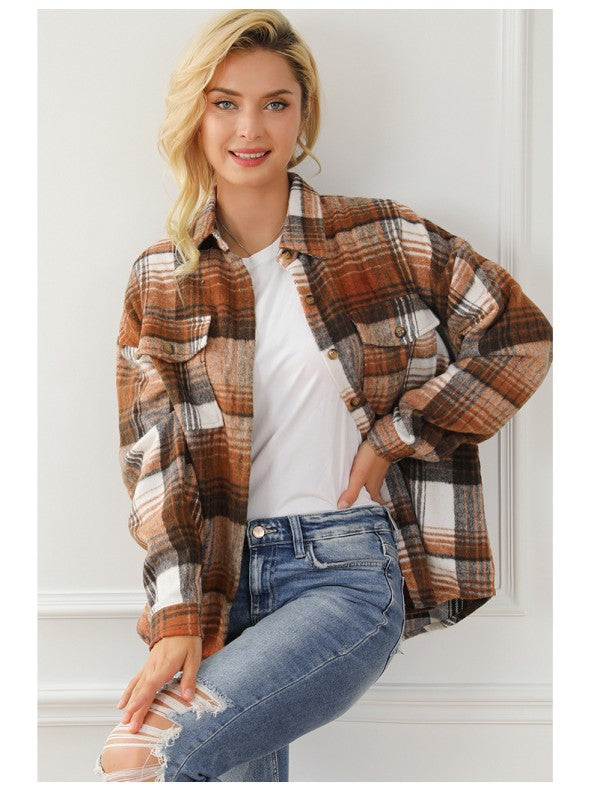 Brown Plaid Flap Pockets Shacket YNIQUE